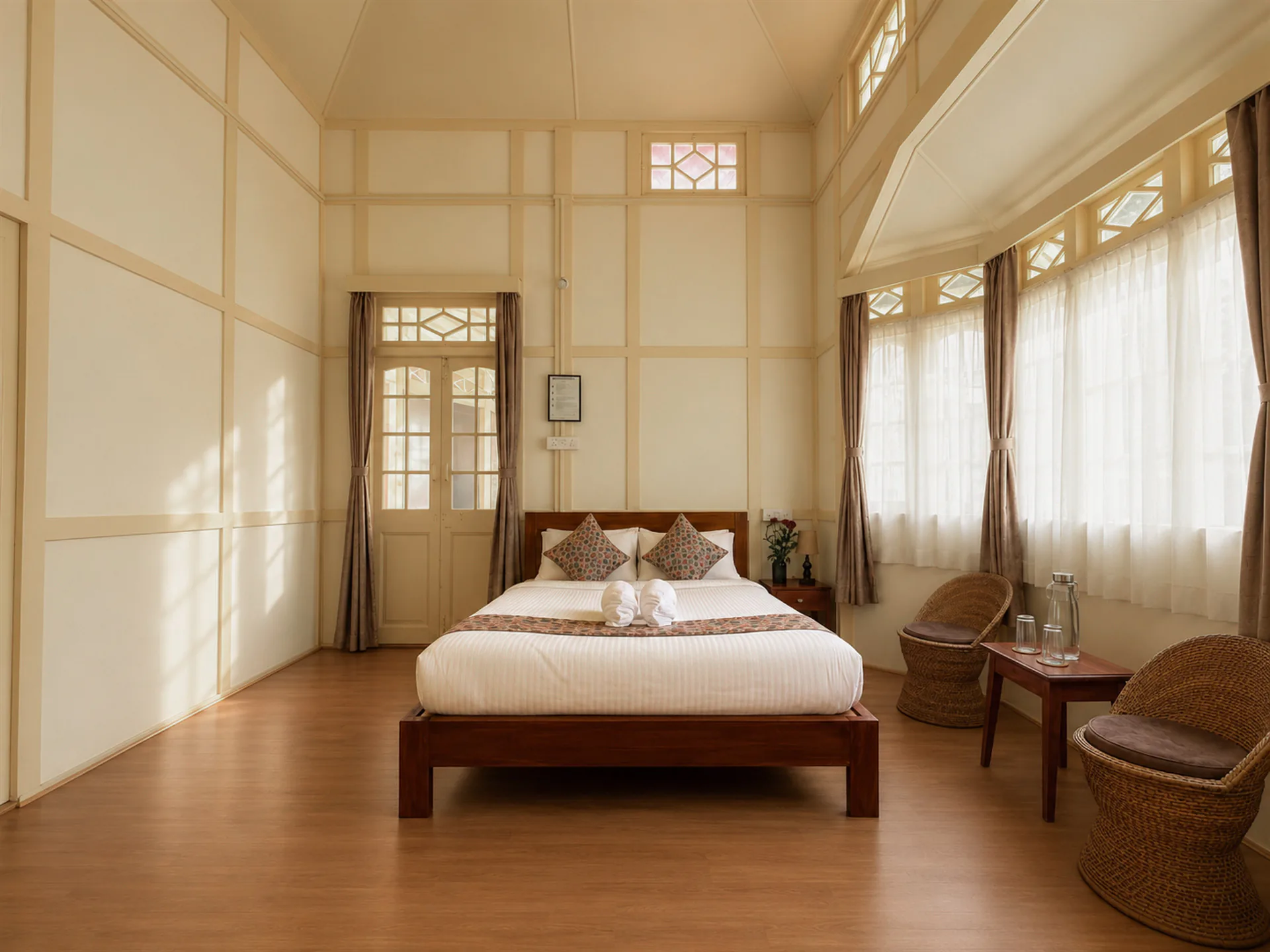A wide view of Vanilla Twilight’s timber bed and bay window.