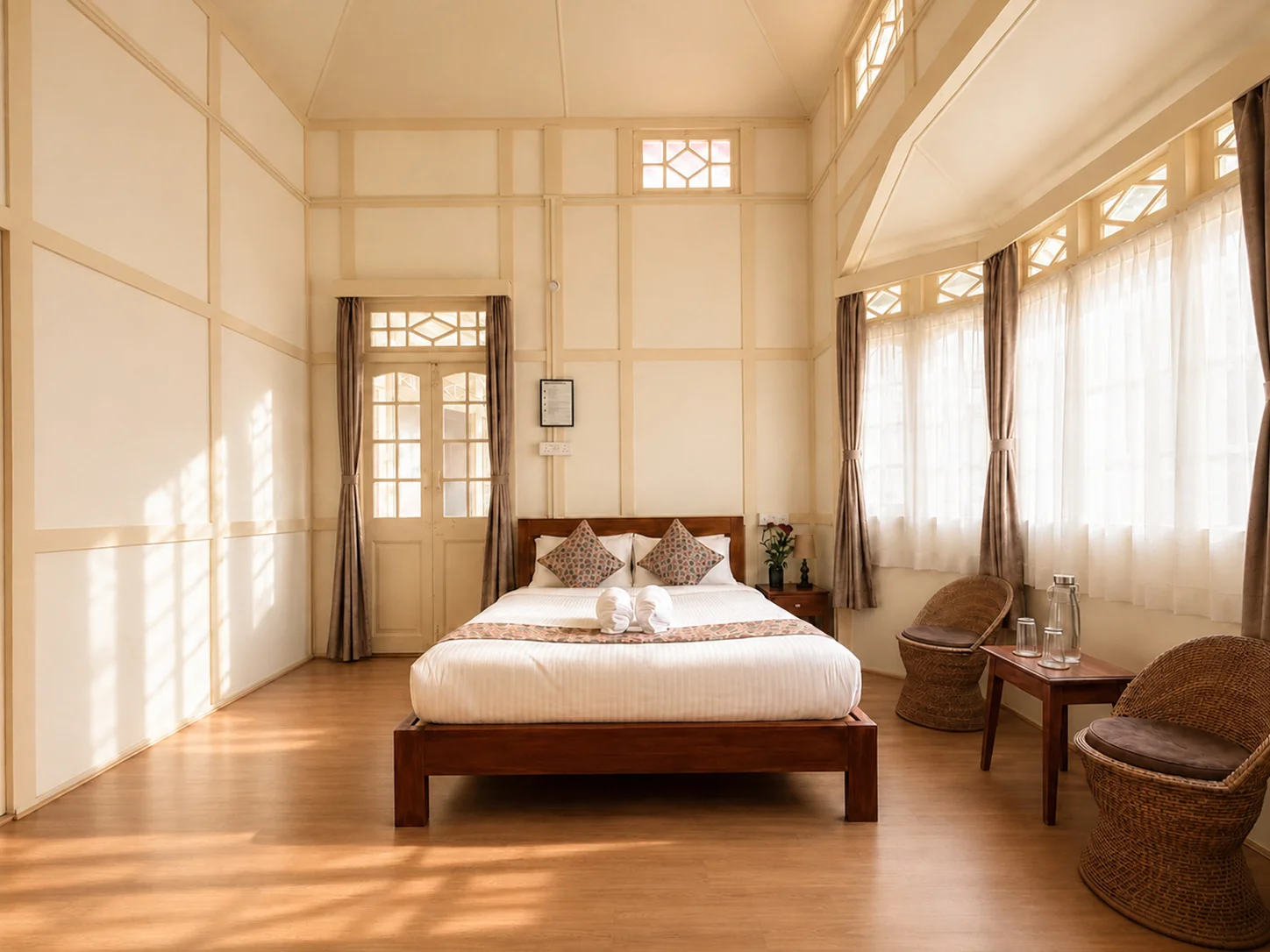 A wide view of Vanilla Twilight’s calm cream-toned room.