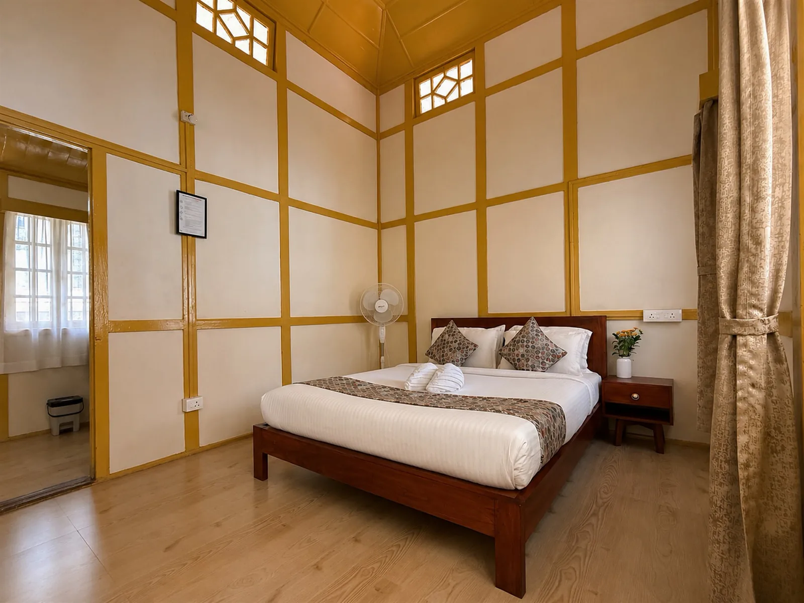 The front view of Yellow Haven’s warm-toned room.
